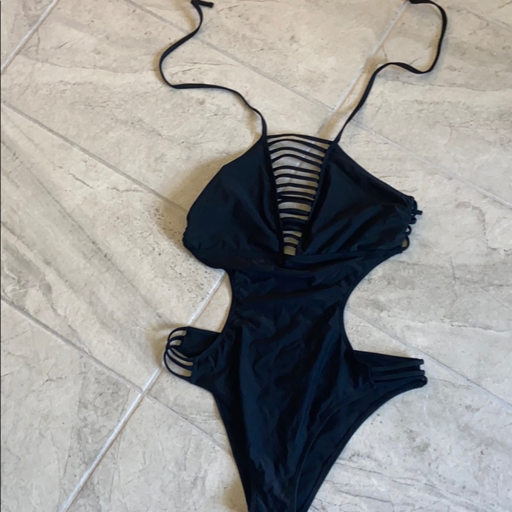 Black strappy one piece swimsuit